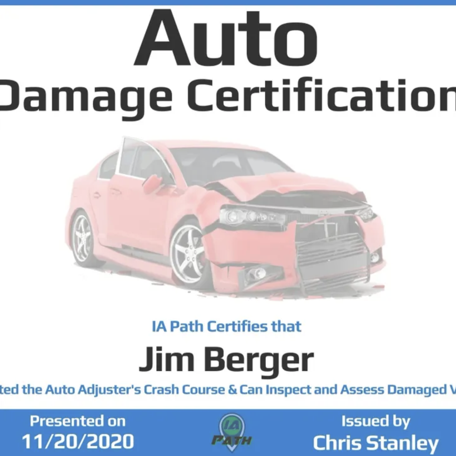 Certified Auto Damage Appraiser and Adjuster