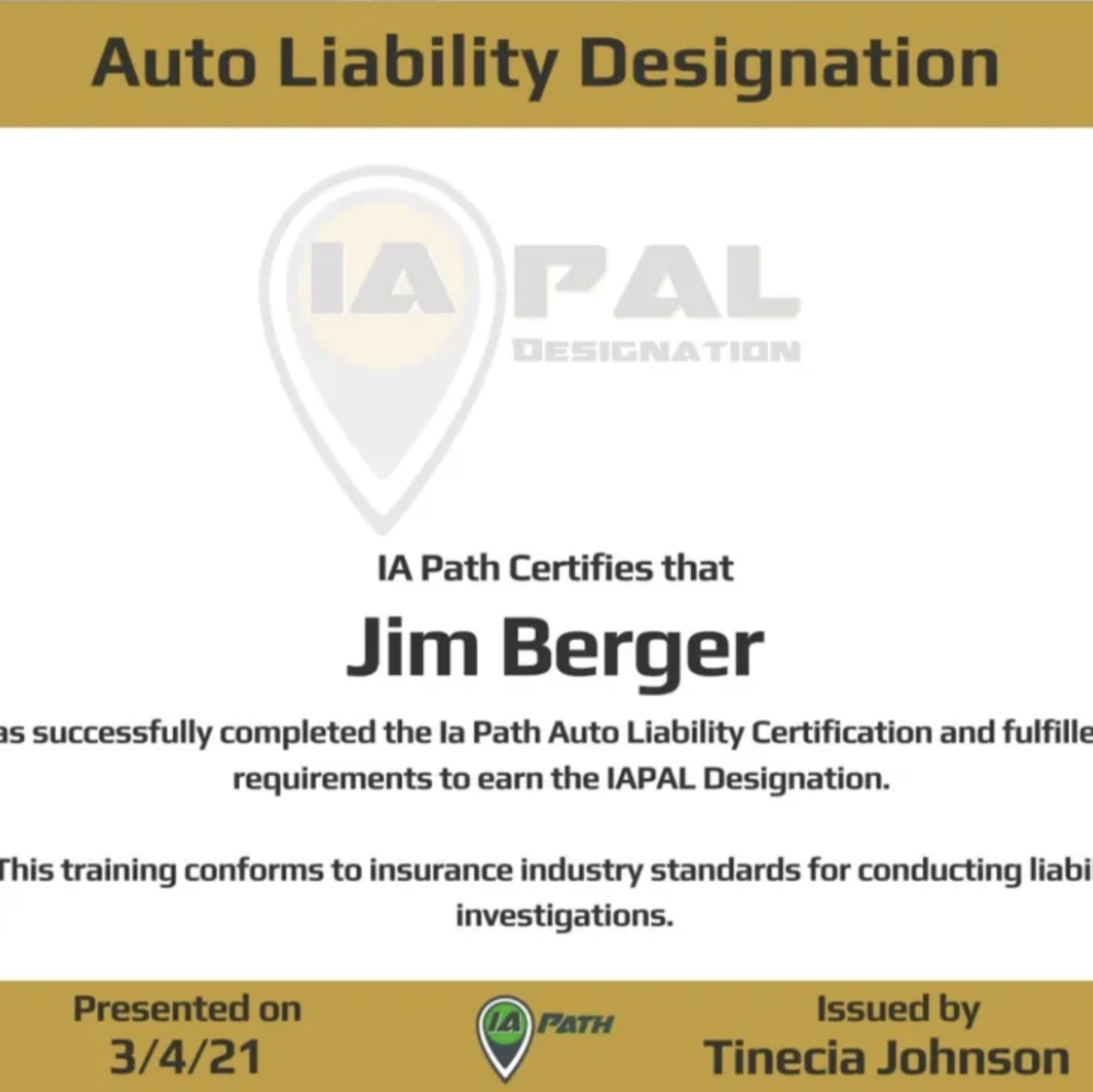 Certified Auto Liability Claims Investigator