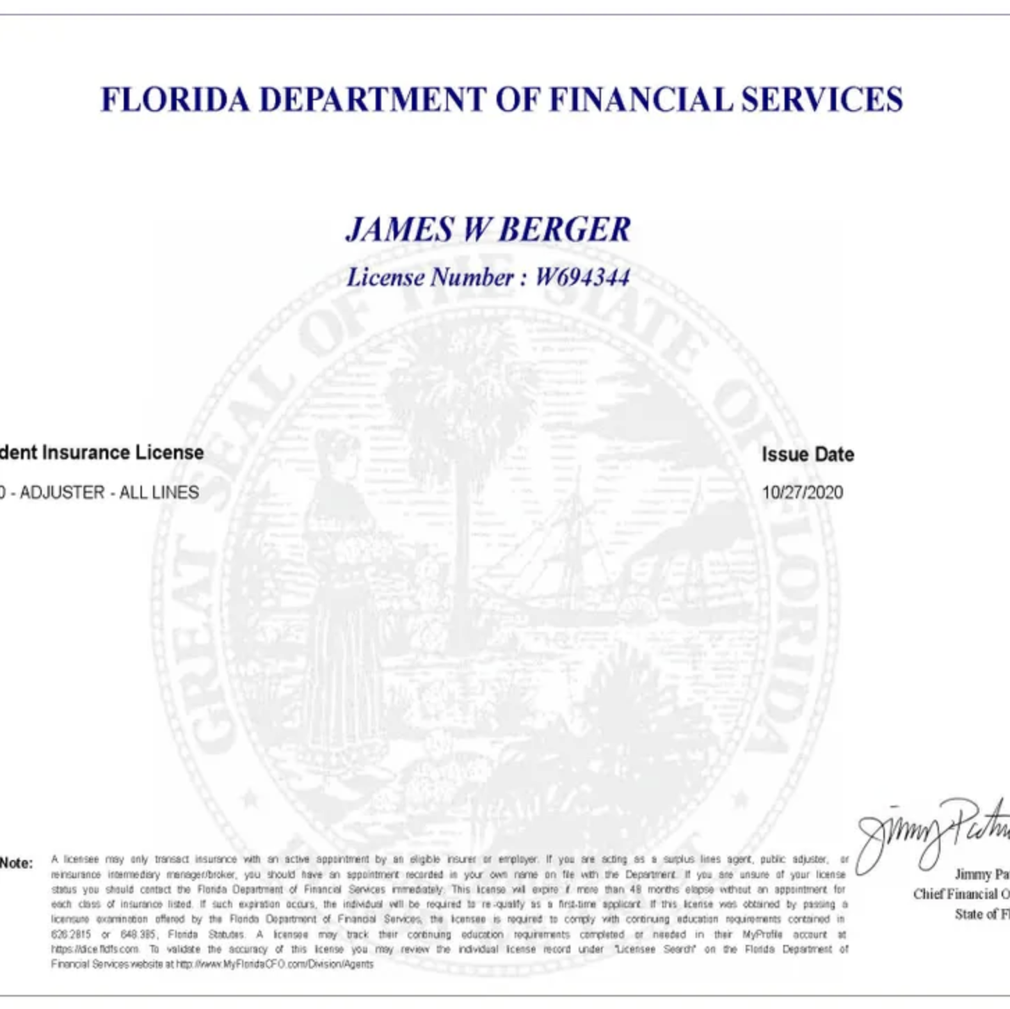 Florida 0620 All Lines Adjuster license W694344